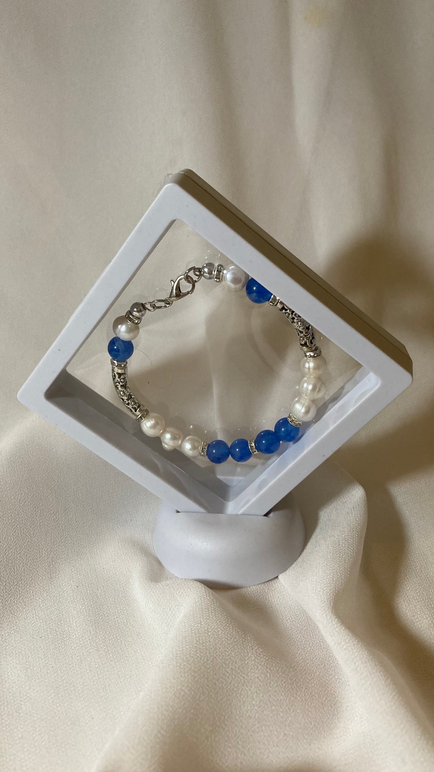 Freswater White Pearls with Faux Blue Stones