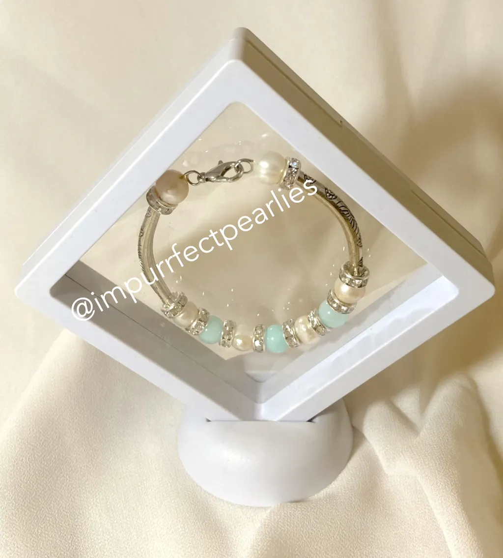 Freshwater White pearls with faux aquamarine for adults