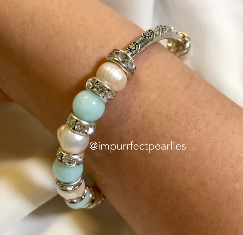 Freshwater White pearls with faux aquamarine for adults