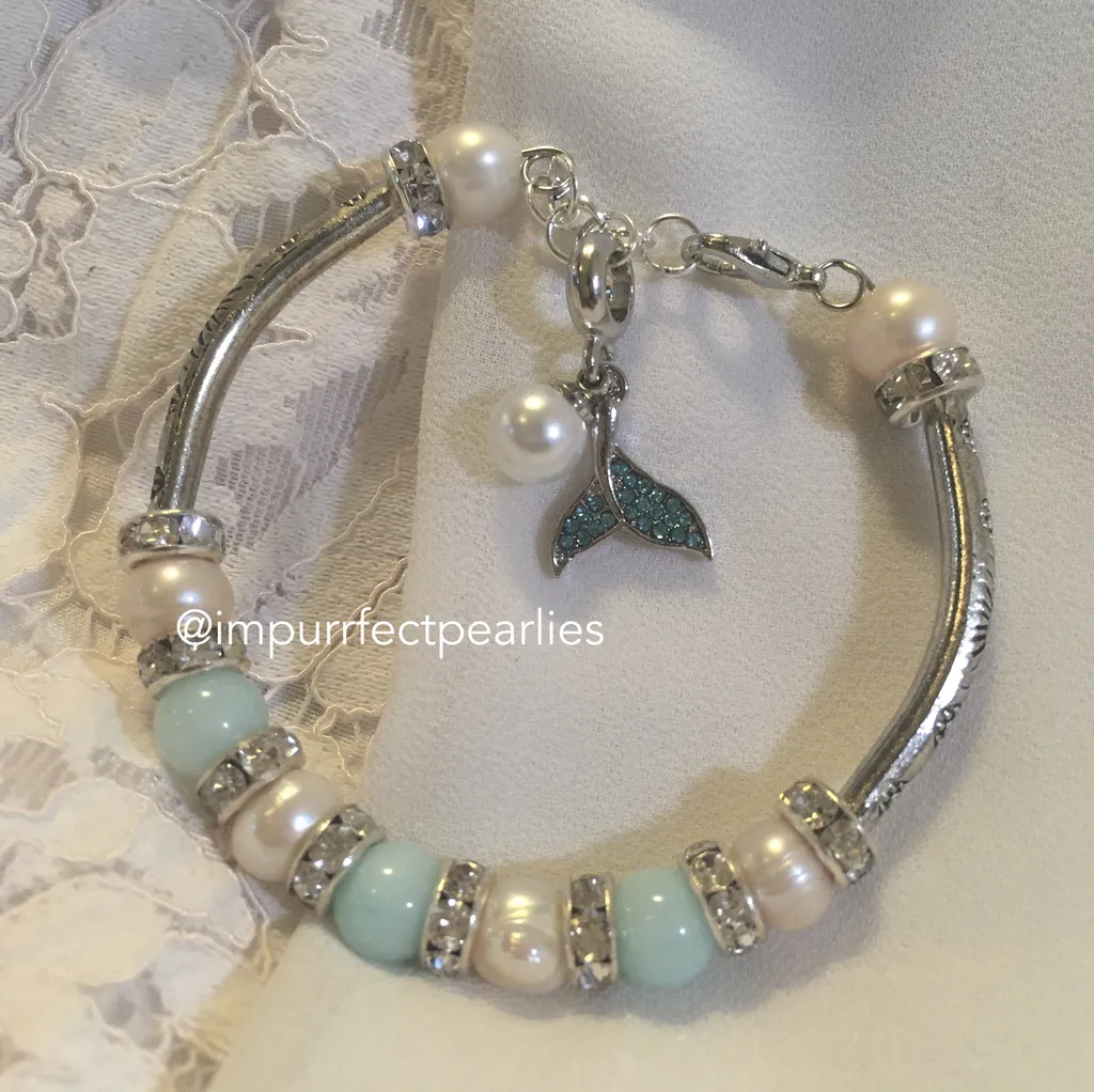 Freshwater White pearls with faux aquamarine for adults