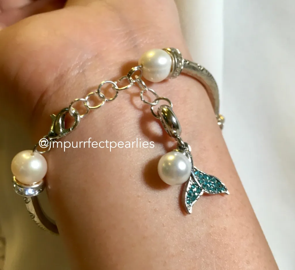 Freshwater White pearls with faux aquamarine for adults