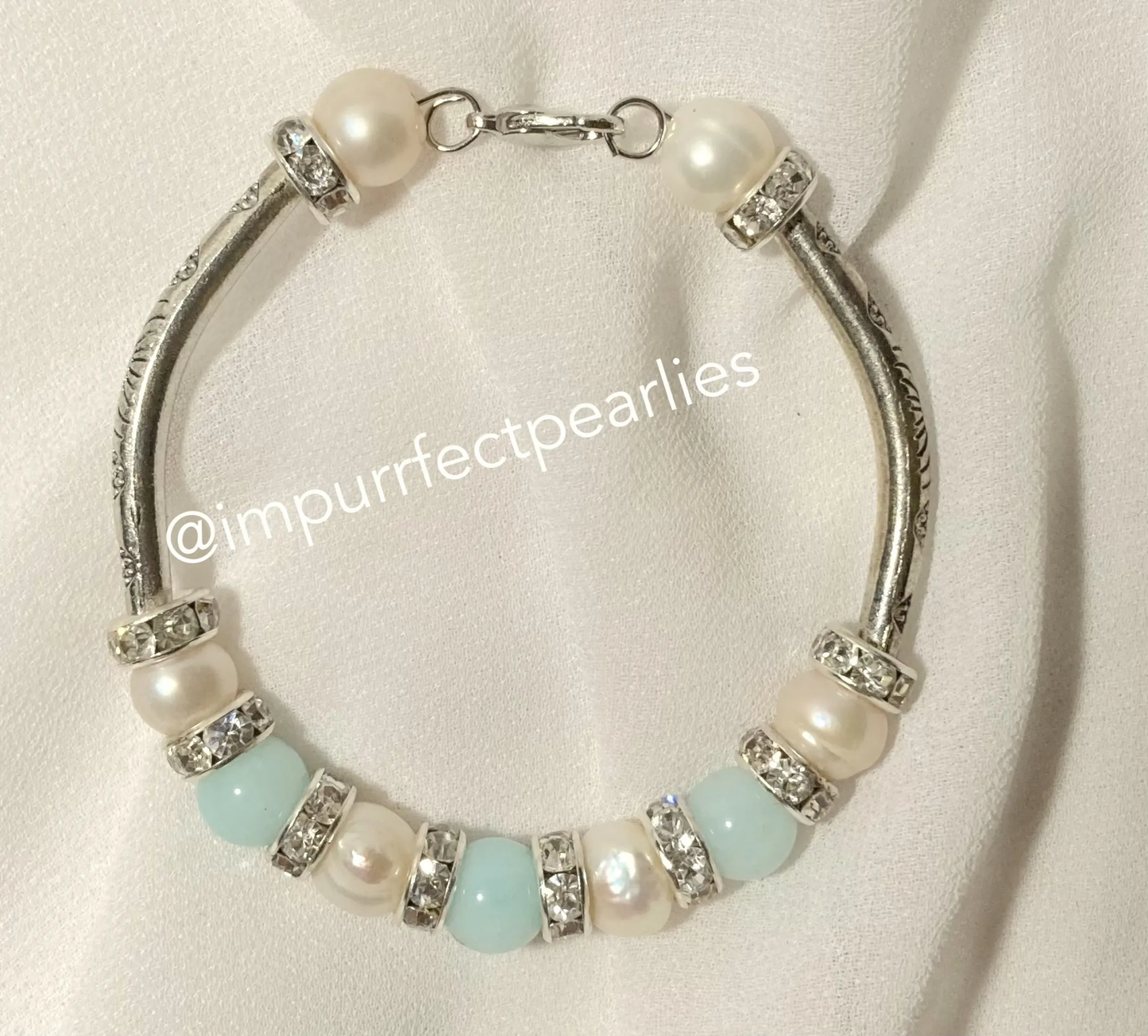 Freshwater White pearls with faux aquamarine for adults