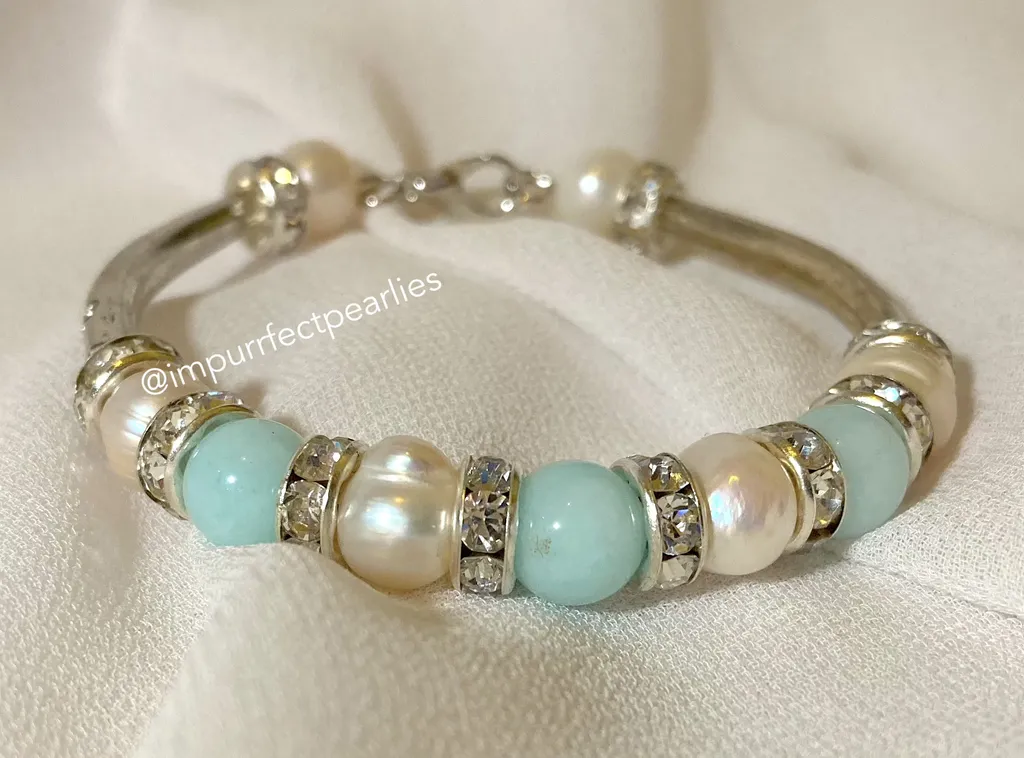 Freshwater White pearls with faux aquamarine for adults